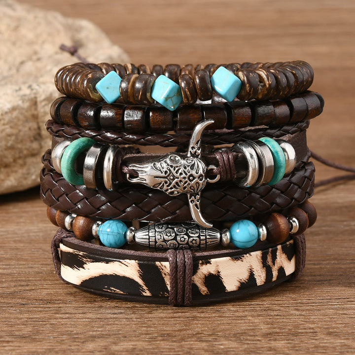 6-teiliges Western-Retro-Armband aus türkisfarbenem Leder und Perlen - Leopardenmuster-Bullhead - image 6
