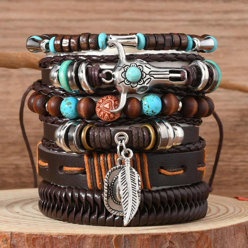 6-teiliges Western-Retro-Armband aus türkisfarbenem Leder und Perlen - Schädel Bullenkopf - image 4