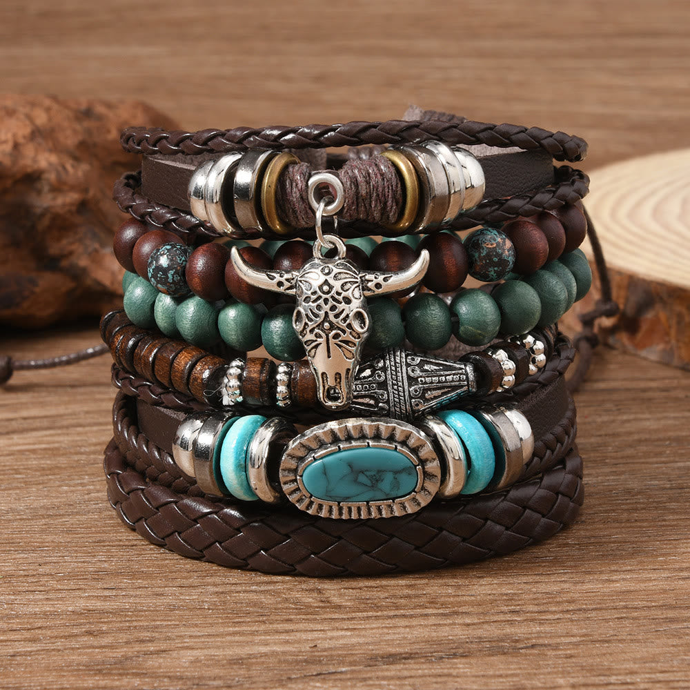 6-teiliges Western-Retro-Armband aus türkisfarbenem Leder und Perlen - Bullhead-Türkis - image 8