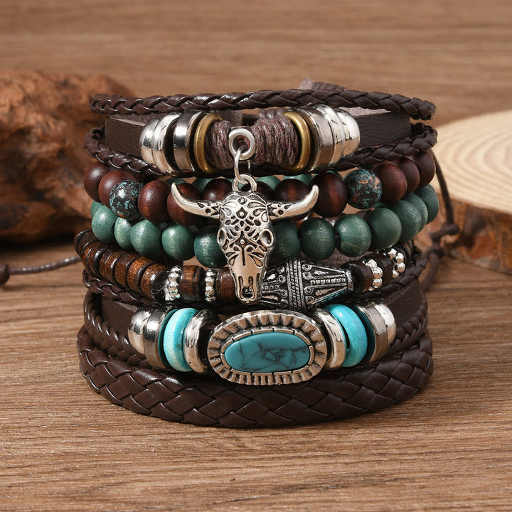 6-teiliges Western-Retro-Armband aus türkisfarbenem Leder und Perlen - Bullhead-Türkis - image 8