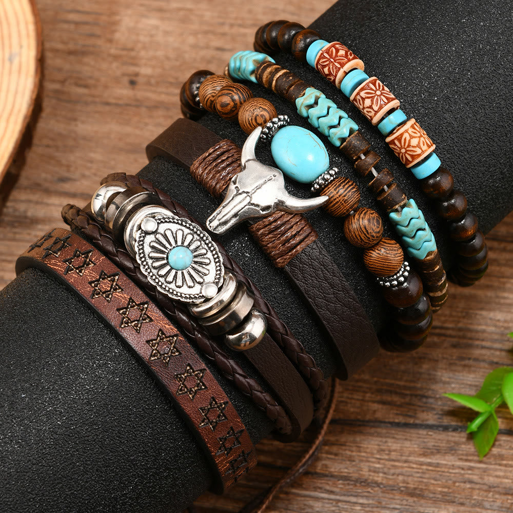 6-teiliges Western-Retro-Armband aus türkisfarbenem Leder und Perlen - image 1
