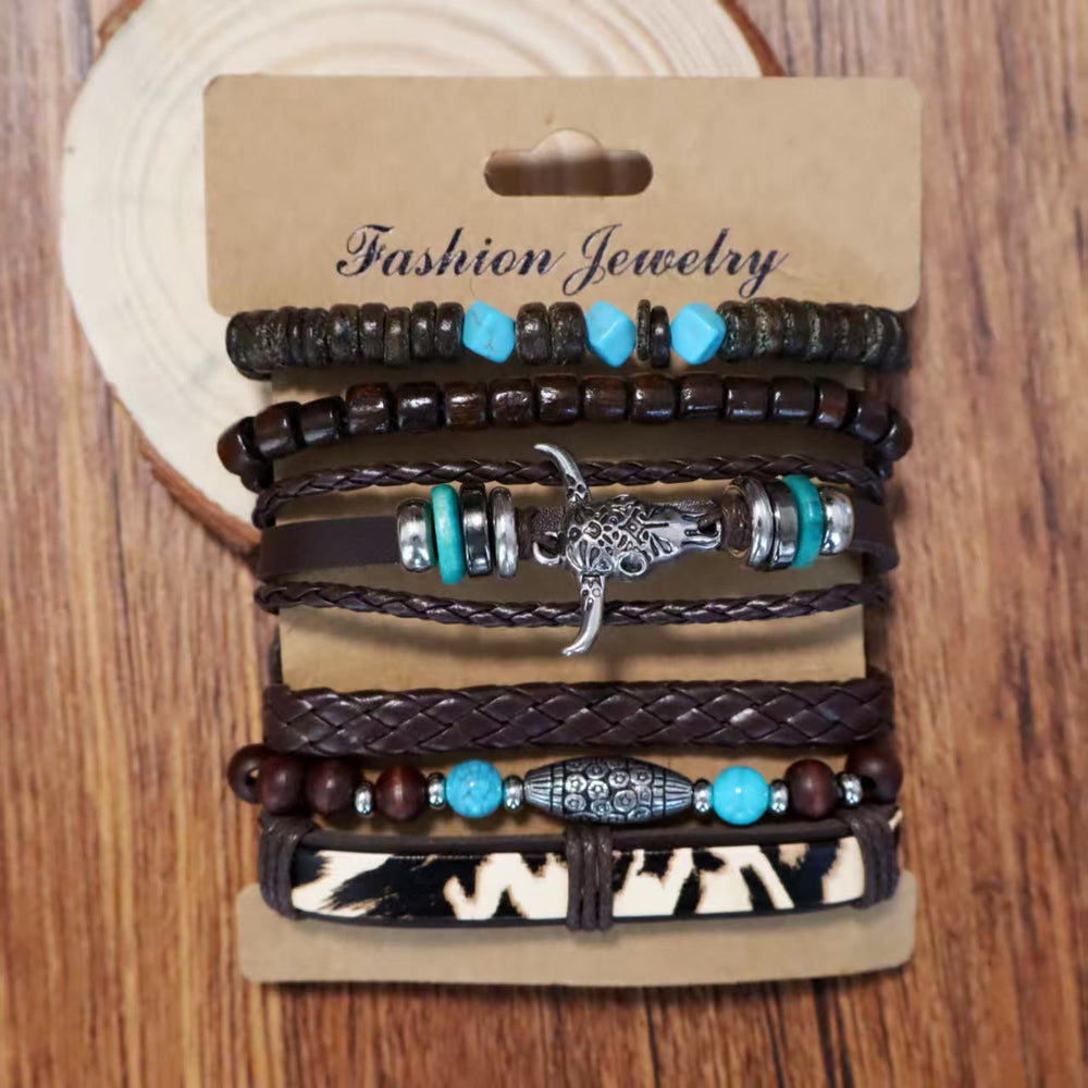 6-teiliges Western-Retro-Armband mit Totenkopf-Motiv, türkisfarbenem Leder und Perlen - image 1