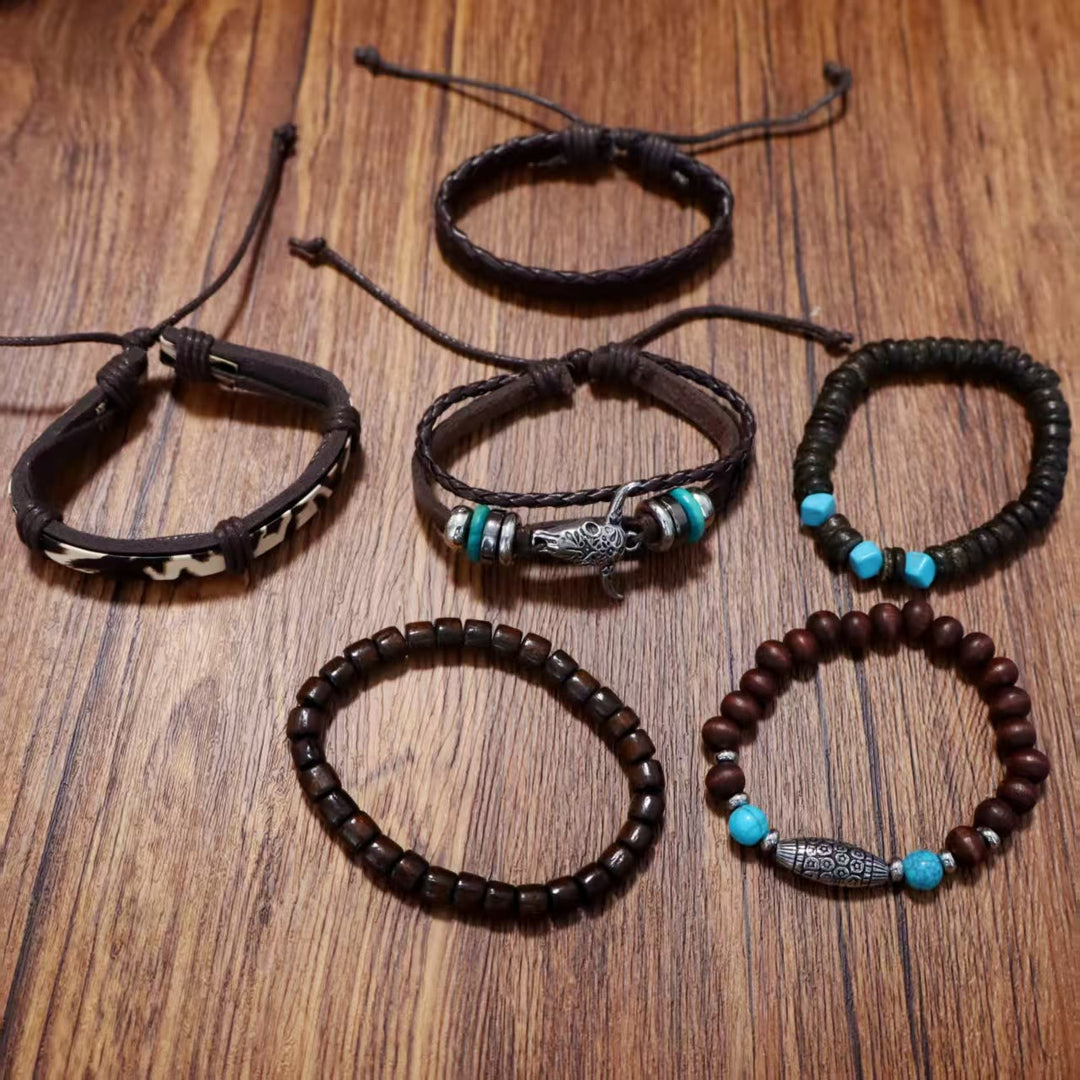 6-teiliges Western-Retro-Armband mit Totenkopf-Motiv, türkisfarbenem Leder und Perlen - image 3