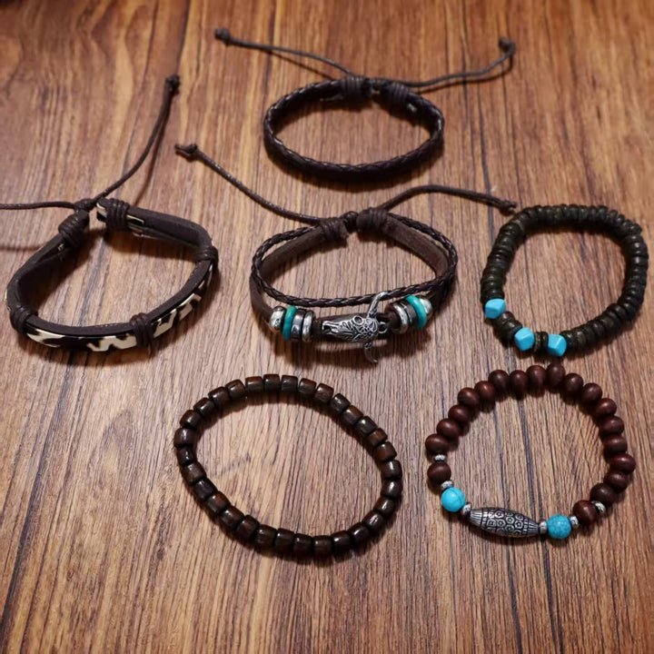 6-teiliges Western-Retro-Armband mit Totenkopf-Motiv, türkisfarbenem Leder und Perlen - image 3
