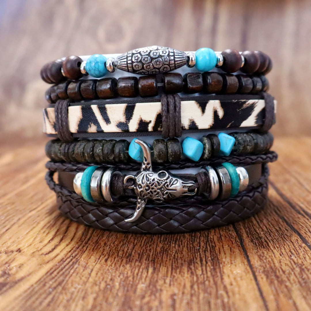 6-teiliges Western-Retro-Armband mit Totenkopf-Motiv, türkisfarbenem Leder und Perlen - Bullhead - image 0