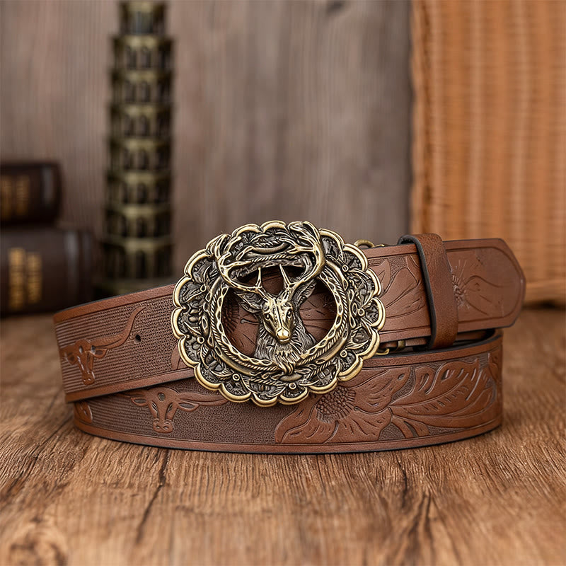 Exquisiter Herrengürtel mit geprägter Hirschkopfschnalle - Braun - 38 - image 2