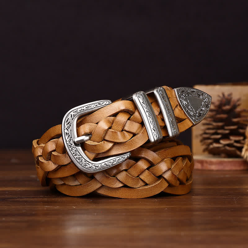 Rustikaler Charme – handgewebter, geflochtener Freizeit-Ledergürtel - Khaki - 38 - image 0