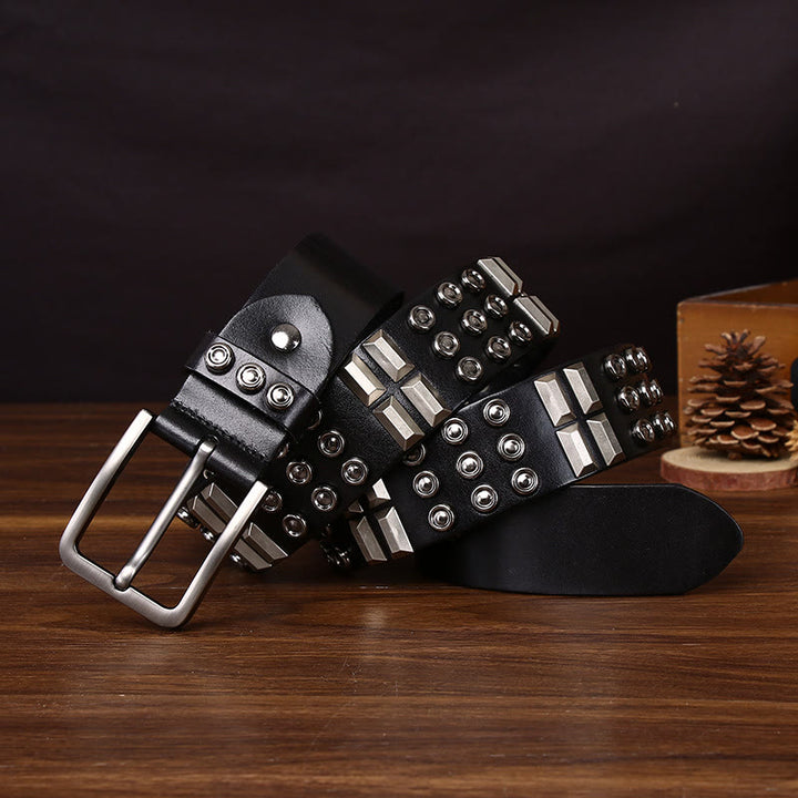 Extravaganter, hochwertiger Ledergürtel mit geometrischen und runden Nieten. - Schwarz - 44 - image 0