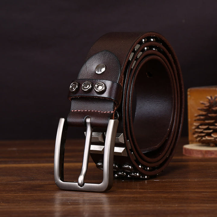 Extravaganter, hochwertiger Ledergürtel mit geometrischen und runden Nieten. - image 6