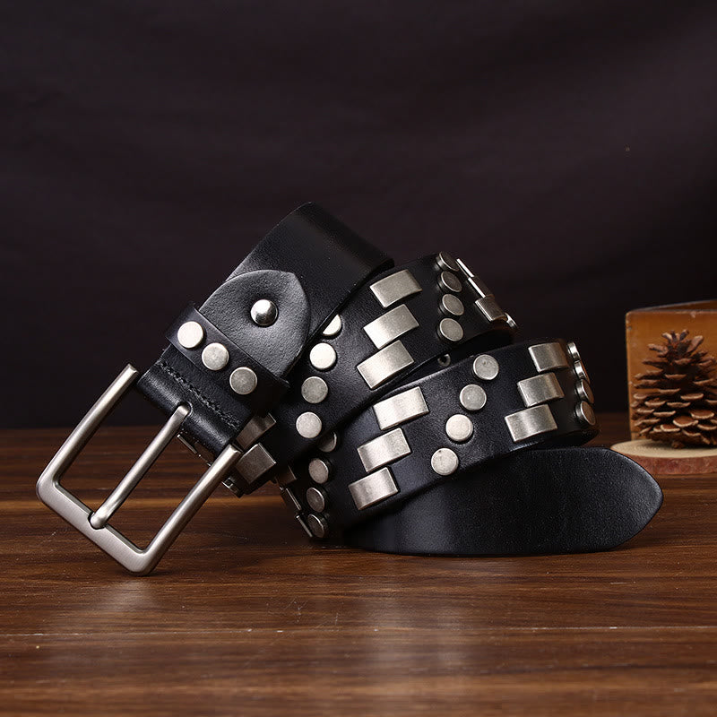 Premium Ledergürtel mit quadratischen und runden Metallakzenten - Schwarz - 44 - image 0