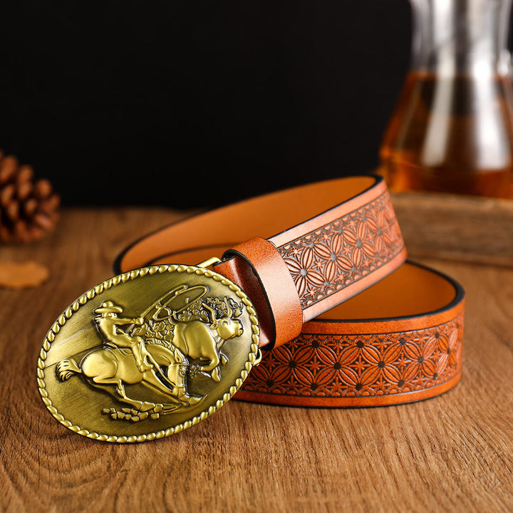 Herren-Western-Reitgürtel mit Schnalle, braunes Leder - Messing - 38 - image 0