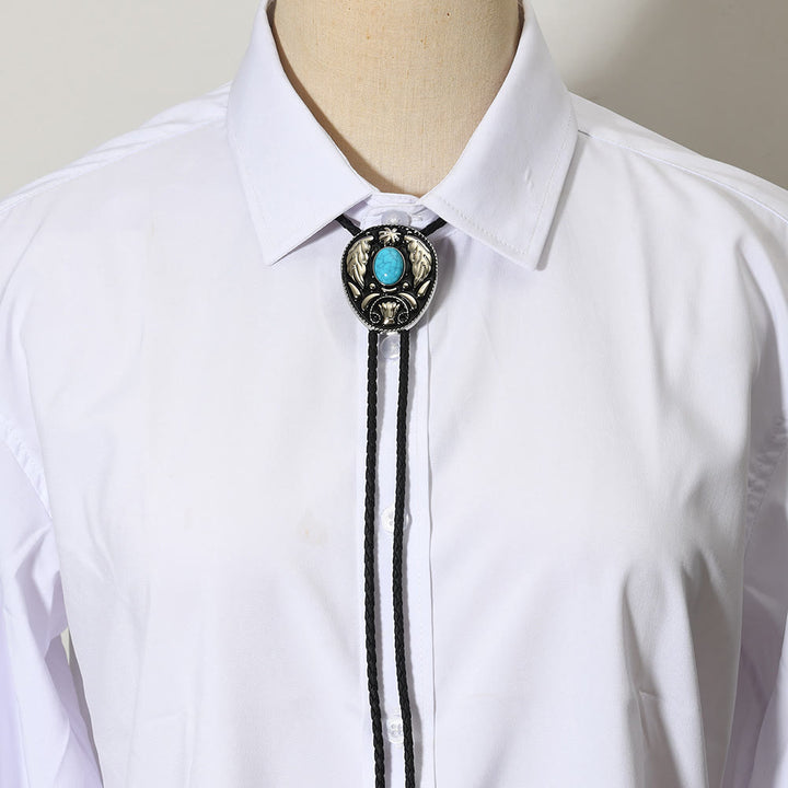 Ovale türkisfarbene, schwarz-weiße Bolo-Krawatten aus geschnitztem Metall - image 1