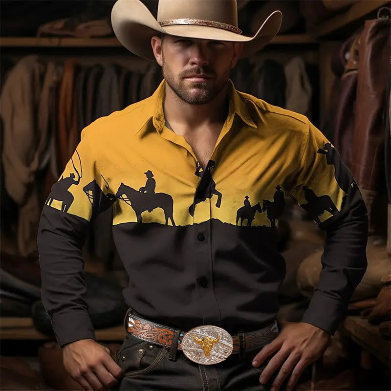 Herren-Langarmhemd mit 3D-Druck, Farbverlauf und Western-Cowboy-Motiv - Farbverlauf-Silhouette - 5XL - image 0