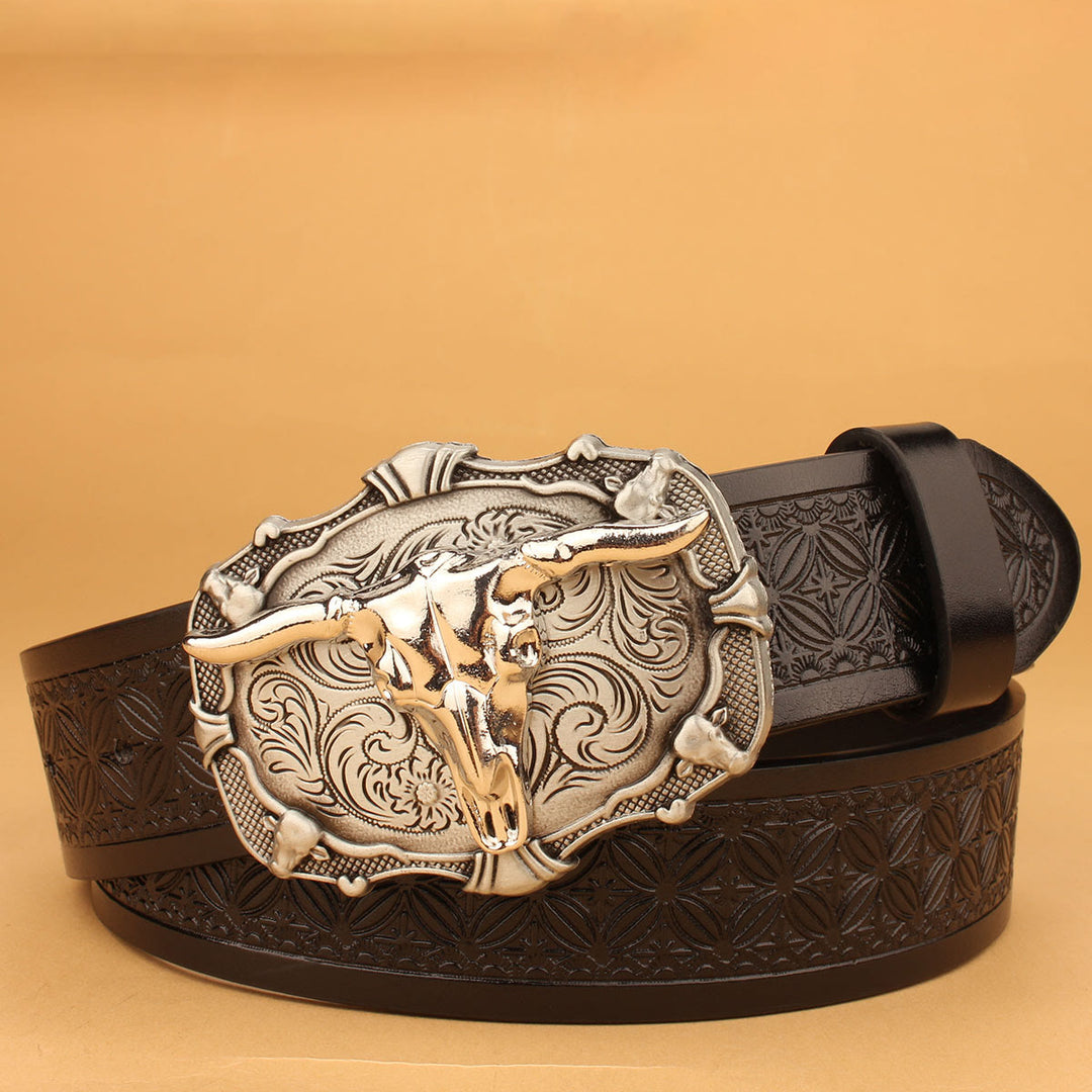 Herren-Western-Retro-Gürtel mit silbernem Stierkopf und schwarzer Prägung - Silberner Bullenkopf - 38 - image 0