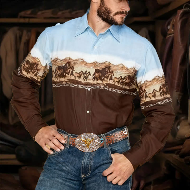 Herren-Westernhemd im Retro-Stil mit Bergpferde-Print, langärmlig - image 0