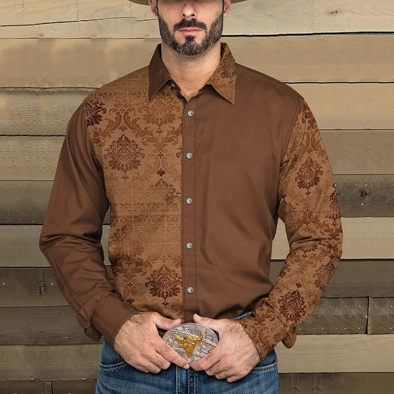Herren-Langarmhemd im Western-Stil mit Print und Patchwork-Muster in Unifarben - Braun - 5XL - image 0