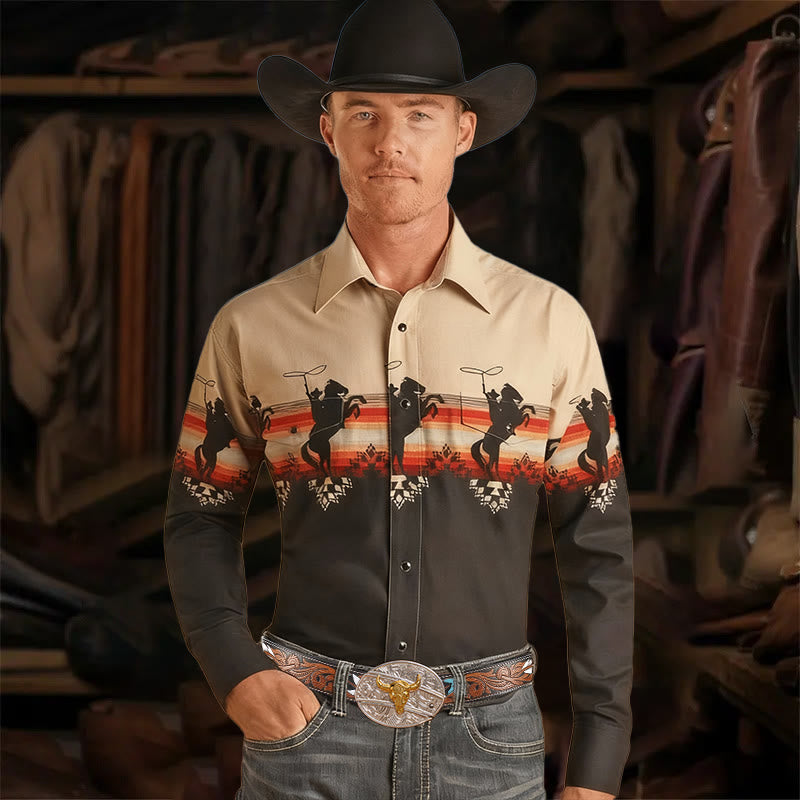 Herren-Langarmhemd mit Westernreitmotiv und Cowboy-Print - Reitender Cowboy - 5XL - image 0