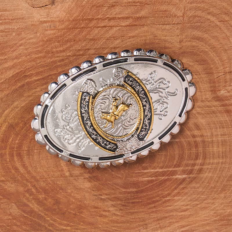 Retro-Goldener Cowboy-Bulle-Silber-Oval-Schnalle-Ledergürtel - image 1