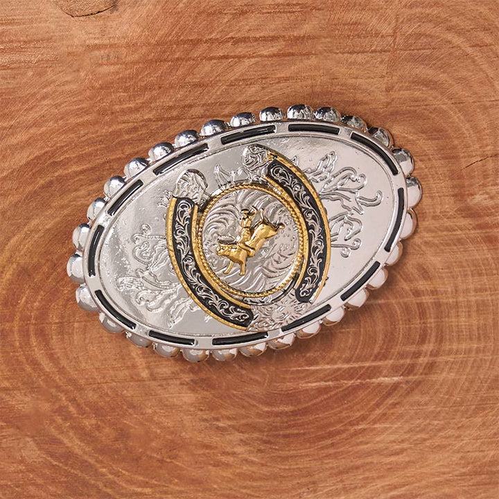 Retro-Goldener Cowboy-Bulle-Silber-Oval-Schnalle-Ledergürtel - image 1