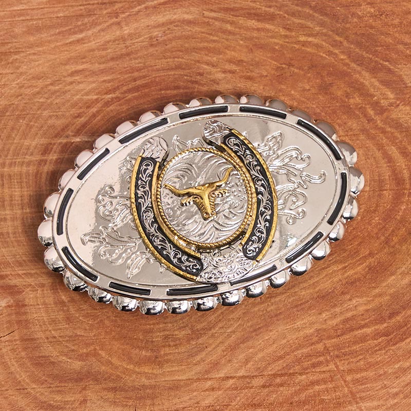 Herren-Ledergürtel aus Silber mit geschnitztem goldenem Stierkopf und Ellipsenschnalle - image 1