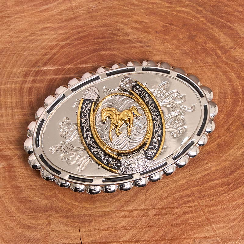 Herren-Western-Ledergürtel mit silberner, geschnitzter goldener Pferde-Ellipse-Schnalle - image 1