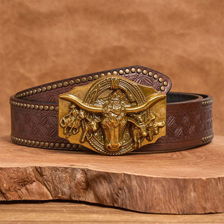 Herren-Ledergürtel im Western-Stil mit goldener und silberner Stierkopfschnalle - Golden - Brauner Nietgürtel - 42 - image 8