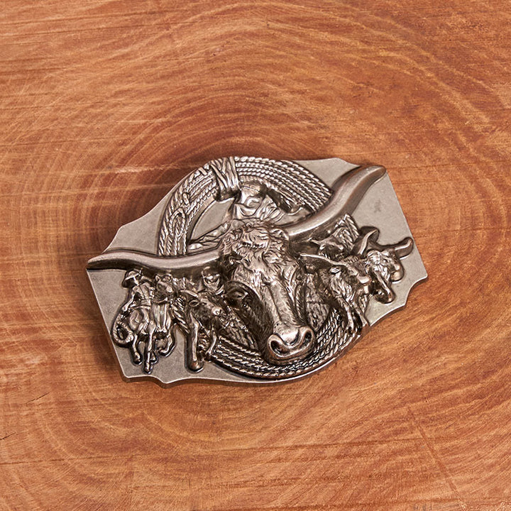 Herren-Ledergürtel im Western-Stil mit goldener und silberner Stierkopfschnalle - image 3