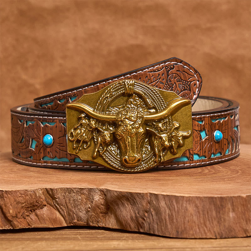 Herren-Ledergürtel im Western-Stil mit goldener und silberner Stierkopfschnalle - Golden - Türkisfarbener, geschnitzter Gürtel - 42 - image 6