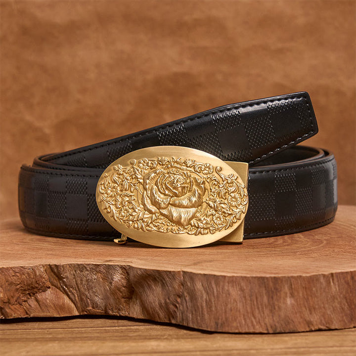 Golden Rose Herren-Ledergürtel mit ovaler Metallschnalle und automatischem Verschluss - Goldene Rose - Schwarzer Gürtel mit Karomuster (40) - image 6