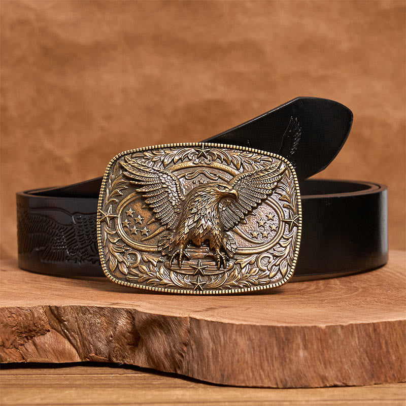 Vintage-Ledergürtel für Herren mit bronzefarbener 3D-Adlerschnalle - Bronze - Schwarzer Gürtel mit Adlerprägung - 42 - image 4