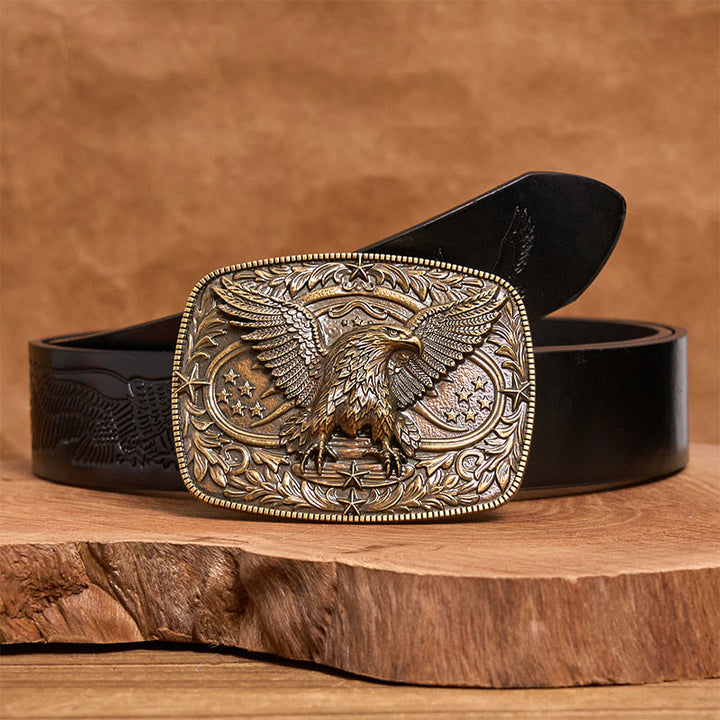 Vintage-Ledergürtel für Herren mit bronzefarbener 3D-Adlerschnalle - Bronze - Schwarzer Gürtel mit Adlerprägung - 42 - image 4