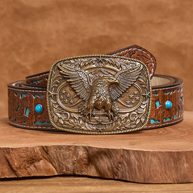 Vintage-Ledergürtel für Herren mit bronzefarbener 3D-Adlerschnalle - Bronze - Türkisfarbener, geschnitzter Gürtel - 42 - image 6