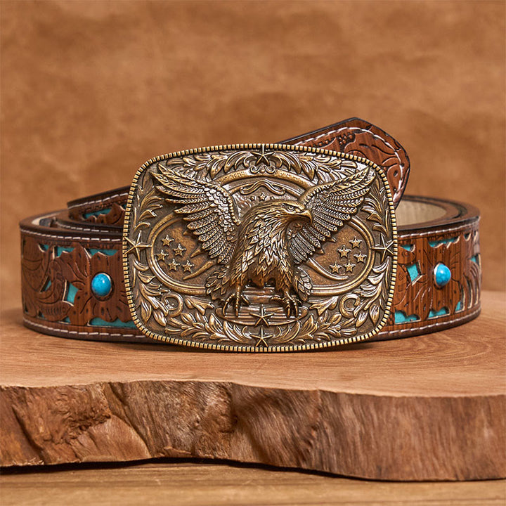 Vintage-Ledergürtel für Herren mit bronzefarbener 3D-Adlerschnalle - Bronze - Türkisfarbener, geschnitzter Gürtel - 42 - image 6