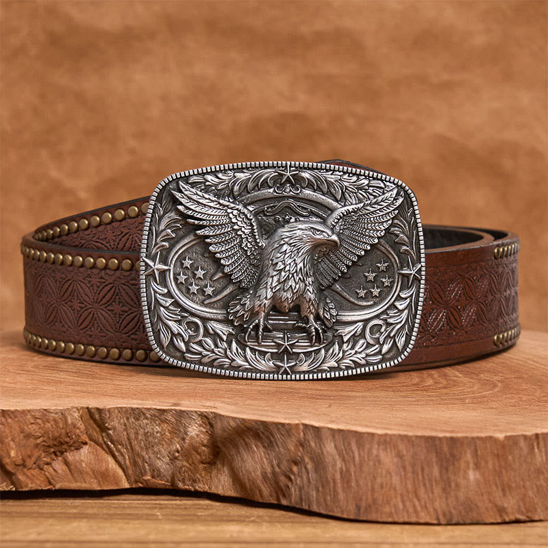 Vintage-Ledergürtel für Herren mit bronzefarbener 3D-Adlerschnalle - Silber - Brauner Nietgürtel - 42 - image 9