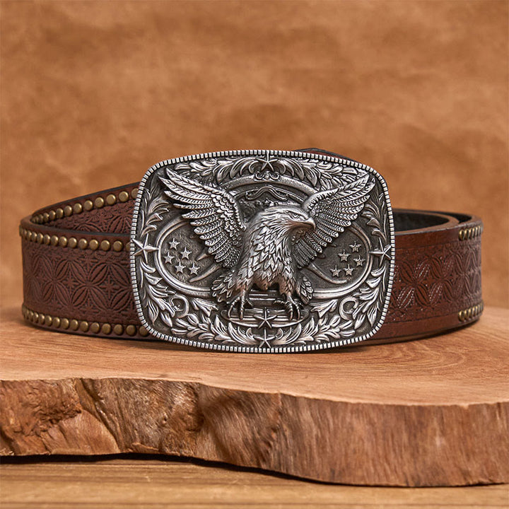 Vintage-Ledergürtel für Herren mit bronzefarbener 3D-Adlerschnalle - Silber - Brauner Nietgürtel - 42 - image 9