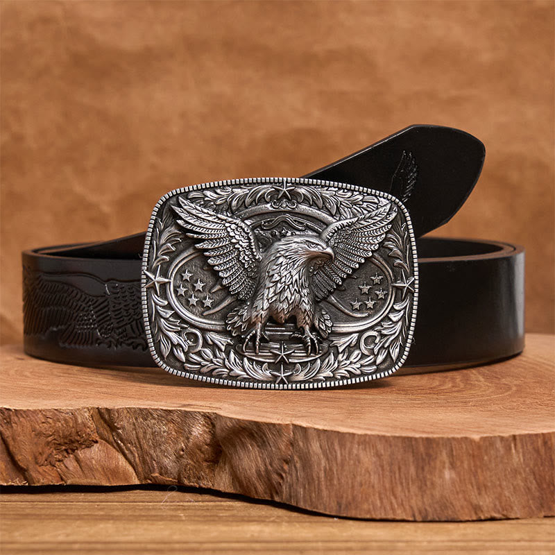 Vintage-Ledergürtel für Herren mit bronzefarbener 3D-Adlerschnalle - Silber - Schwarzer Gürtel mit Adlerprägung - 42 - image 5