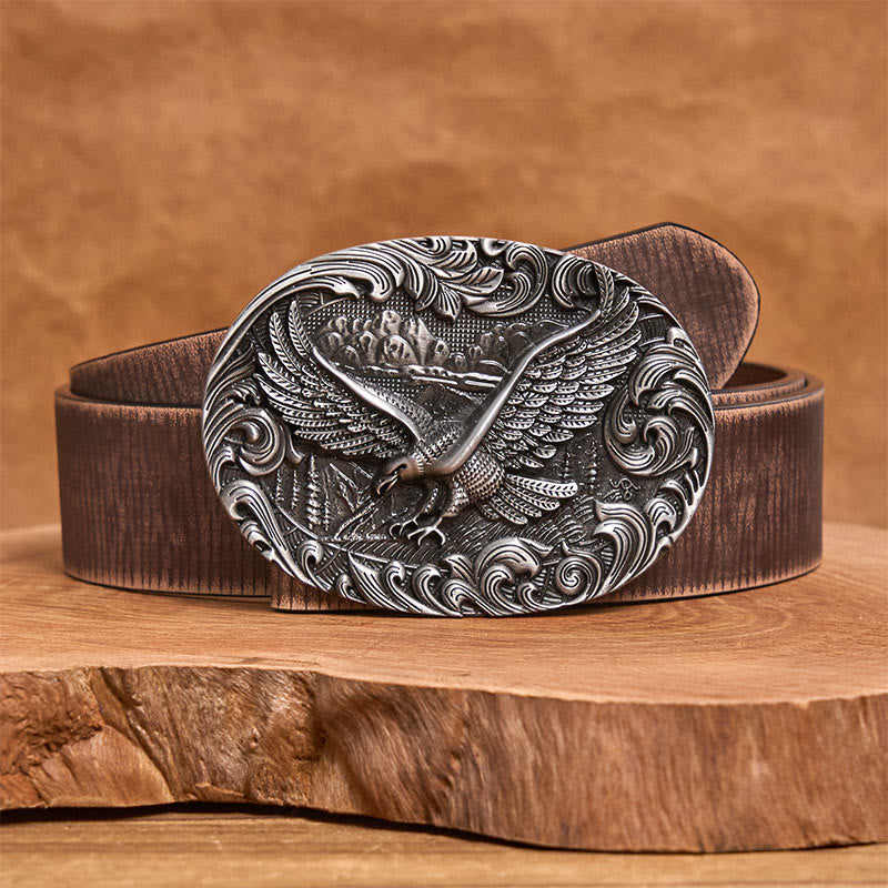 Herren-Ledergürtel im Western-Stil mit geprägter Adlerschnalle - Silber - Brauner, abgenutzter Gürtel - 42 - image 10