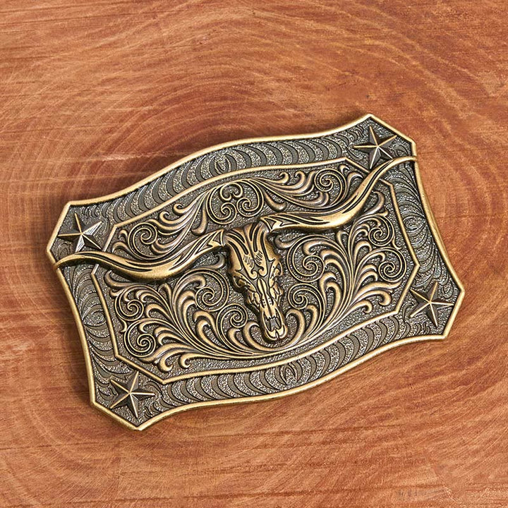 Herren-Ledergürtel im Western-Stil mit Longhorn-Schädel und verzierter Schnalle - image 1