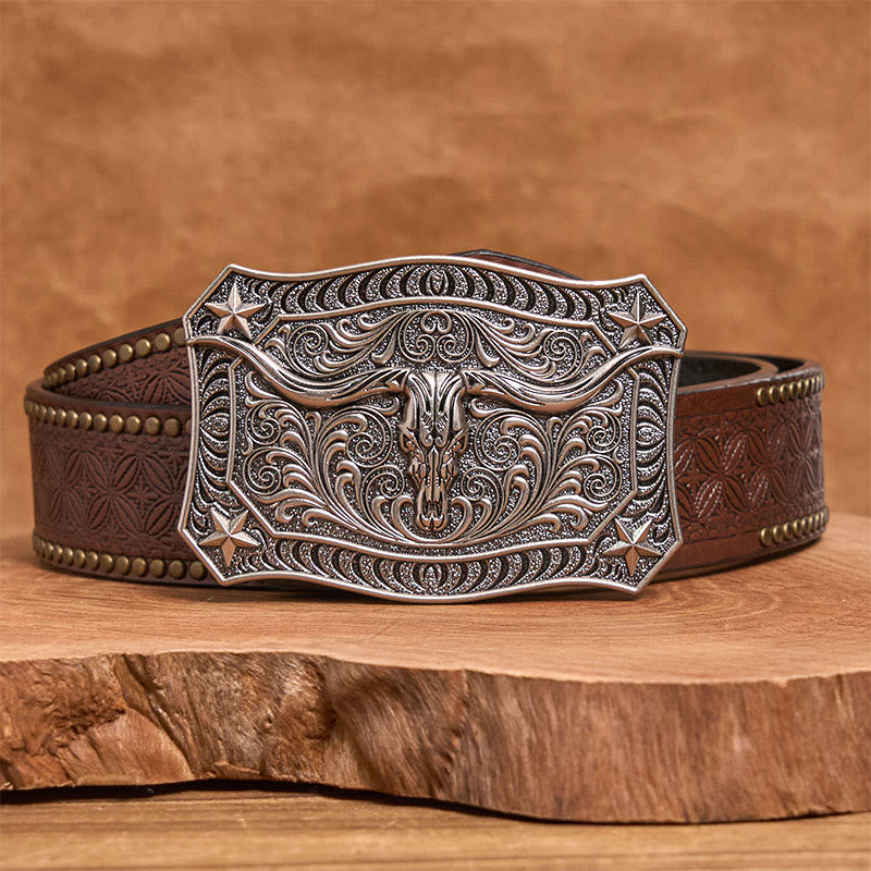 Herren-Ledergürtel im Western-Stil mit Longhorn-Schädel und verzierter Schnalle - Silber - Brauner Nietgürtel - 42 - image 9