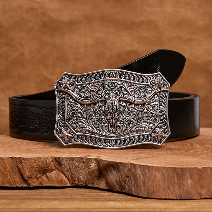 Herren-Ledergürtel im Western-Stil mit Longhorn-Schädel und verzierter Schnalle - Silber - Schwarzer Gürtel mit Adlerprägung - 42 - image 5