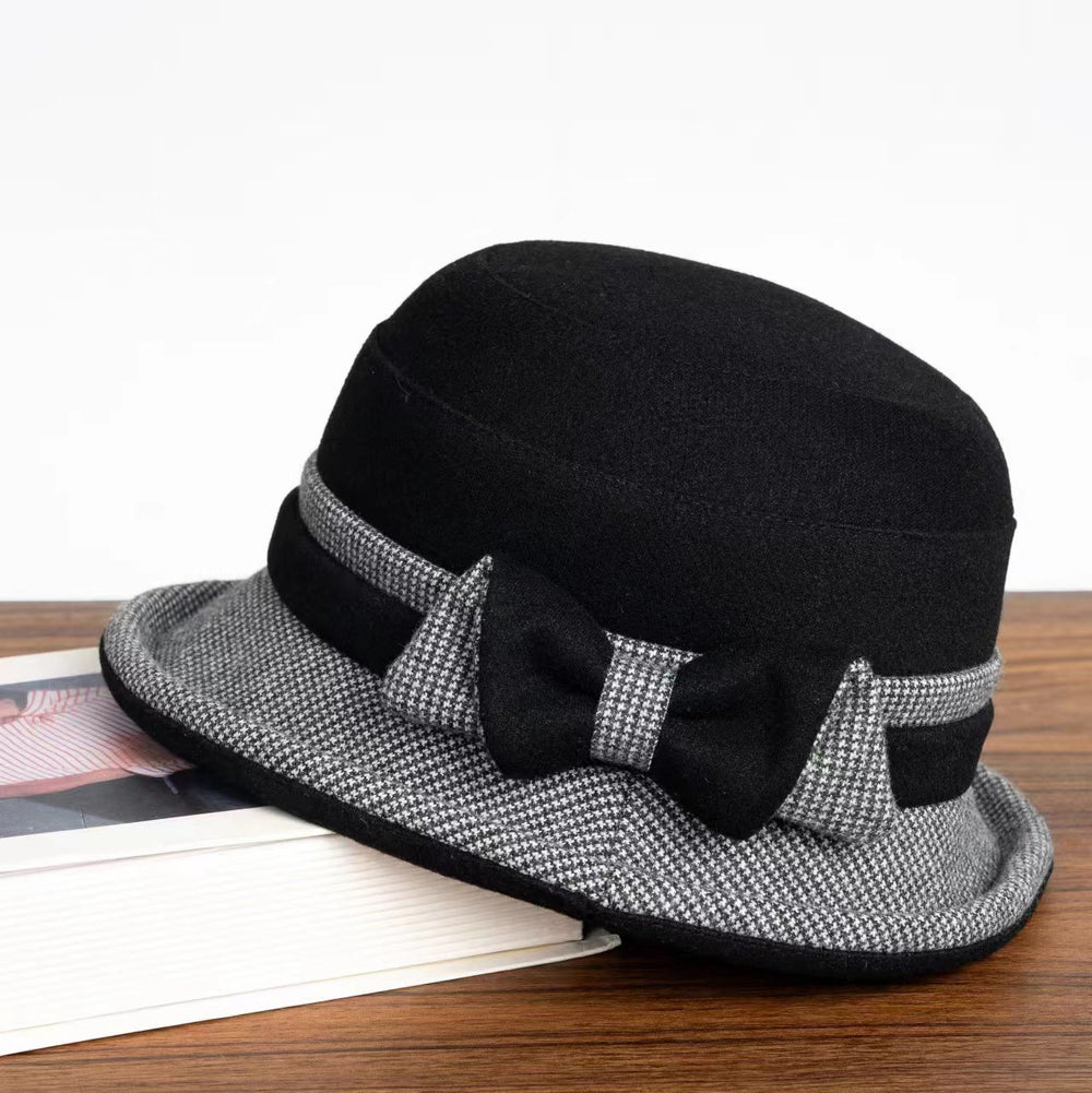 Damen-Bucket-Hat mit Hahnentrittmuster, kariert und mit Schleife verziert - Schwarz - M (22-22 7/8") - image 1
