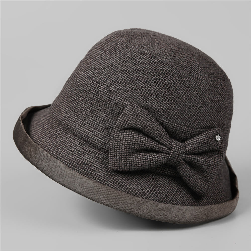 Eleganter Damen-Bucket-Hat mit Karomuster, Schleife und Strassbesatz - Schwarz Grau - M (22-22 7/8") - image 8