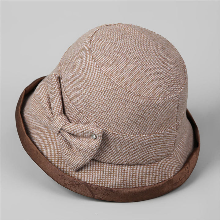 Eleganter Damen-Bucket-Hat mit Karomuster, Schleife und Strassbesatz - image 2