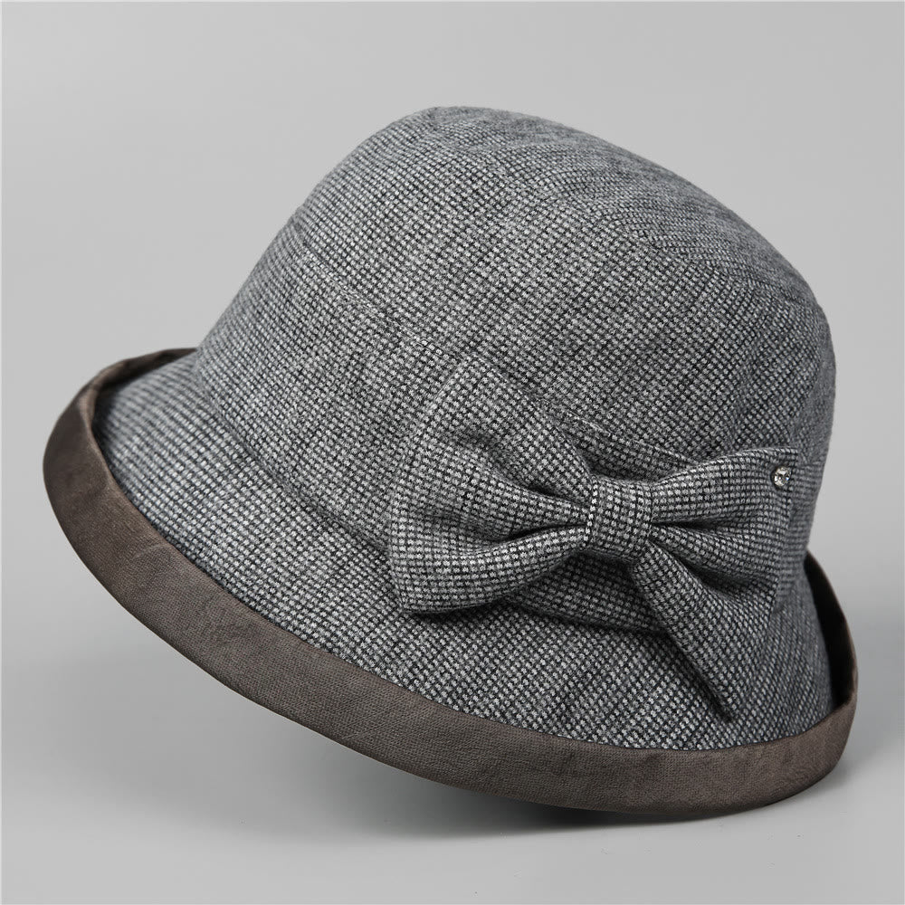 Eleganter Damen-Bucket-Hat mit Karomuster, Schleife und Strassbesatz - Grau - M (22-22 7/8") - image 10