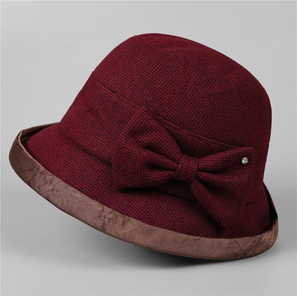 Eleganter Damen-Bucket-Hat mit Karomuster, Schleife und Strassbesatz - Burgund - M (22-22 7/8") - image 7