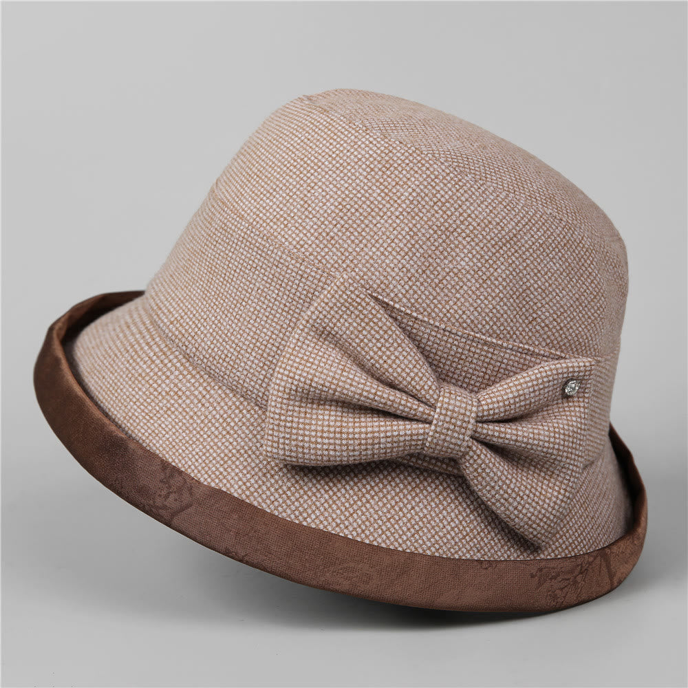 Eleganter Damen-Bucket-Hat mit Karomuster, Schleife und Strassbesatz - image 1