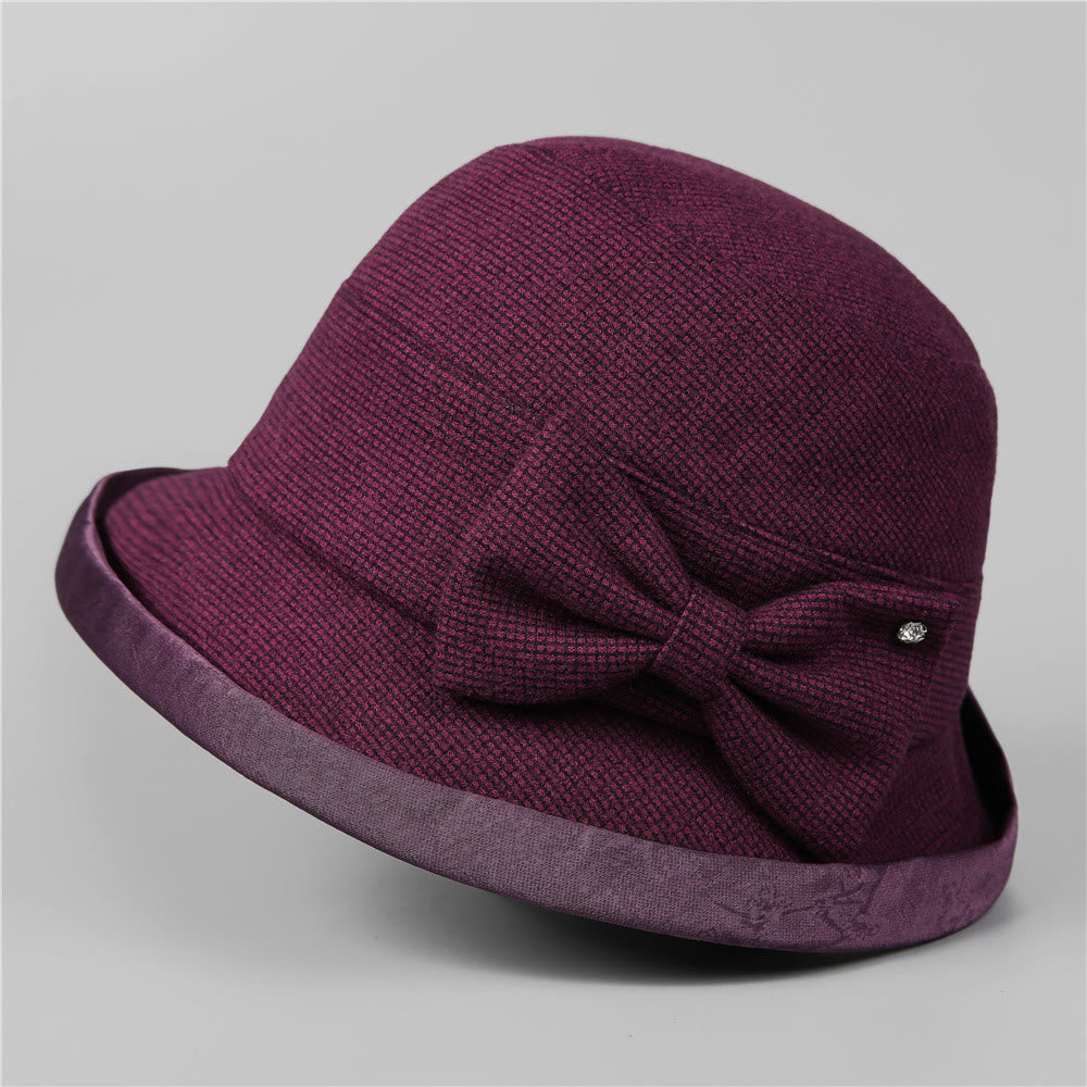 Eleganter Damen-Bucket-Hat mit Karomuster, Schleife und Strassbesatz - Lila - M (22-22 7/8") - image 9