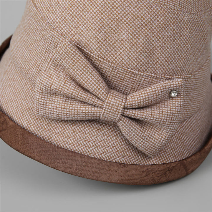 Eleganter Damen-Bucket-Hat mit Karomuster, Schleife und Strassbesatz - image 3