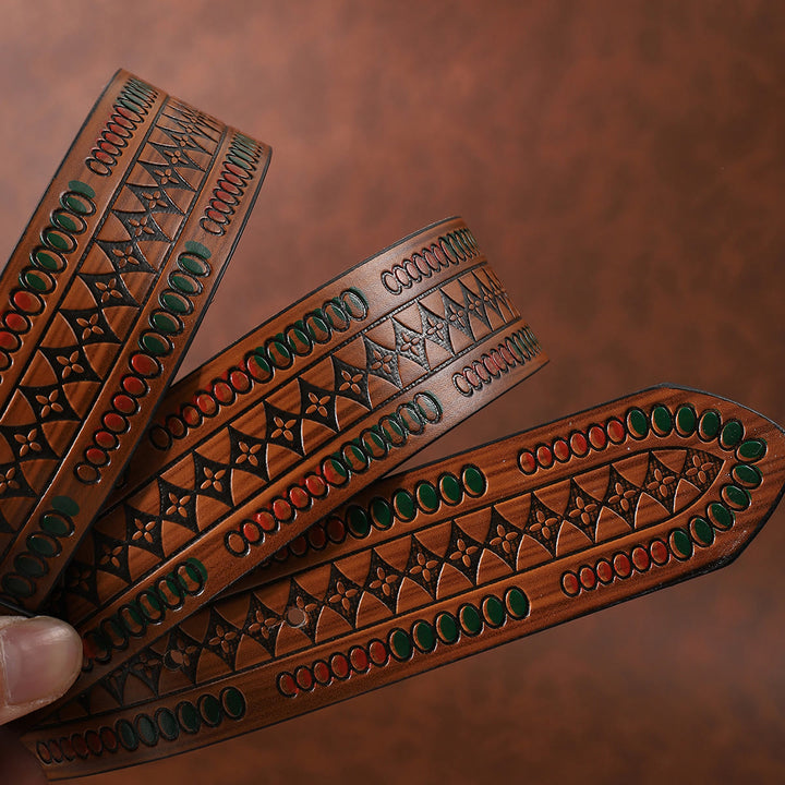 Türkisfarbener, perlmuttfarbener, roter Gürtel mit Retro-Muster, floral geprägtem Ledergürtel - image 3