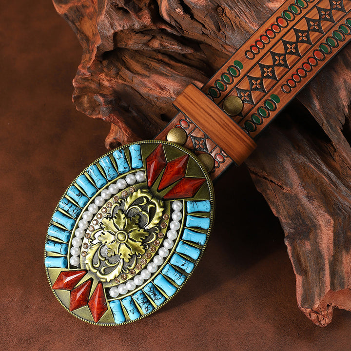 Türkisfarbener, perlmuttfarbener, roter Gürtel mit Retro-Muster, floral geprägtem Ledergürtel - image 2